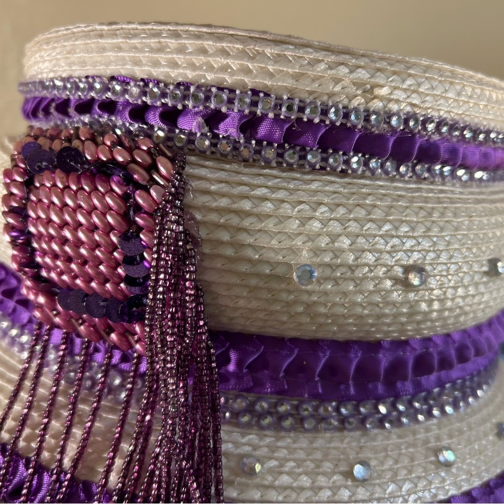Elegant White and Purple Hat with Beaded Detail